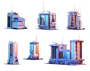 Skyscrapers, business towers, office, residential, commercial buildings 3d icons set. Futuristic city architecture, megapolis town buildings. Modern city 3D icons design elements isolated on white