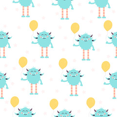 Naklejka premium Seamless pattern with cute smiling blue monster holding yellow balloon. Illustration Can be used like print or in typography