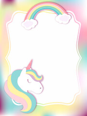 Illustration with cute unicorn, rainbow, clouds on colored background. It can be used like card or invitation or in print and typography