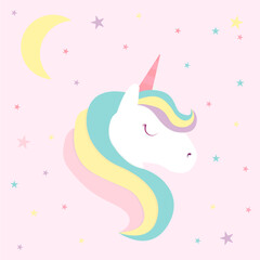 Illustration with cute unicorn on pink background with stars and moon.