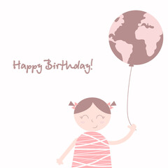Illustration with text Happy Birthday and girl holding balloon with earth image. Illustration Can be used like postcard or invitation.