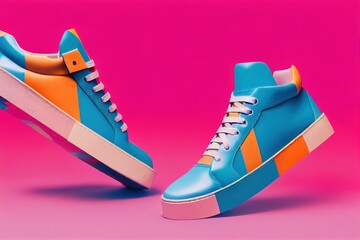 Hyper realistic illustration of a pair of creative colorful sneakers on a pink background
