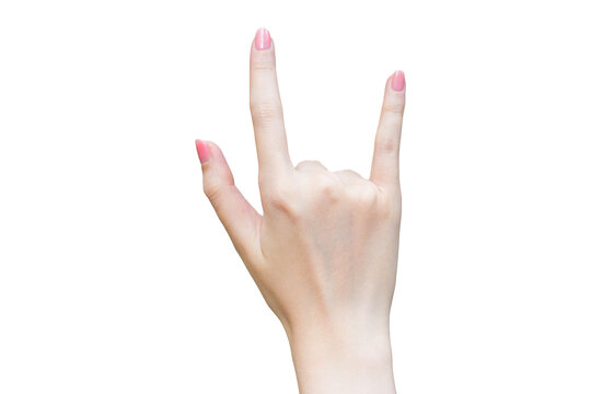 Female hand acts sign as I love you symbol on isolated white background.