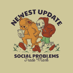 Cartoon emblem of cat and skeleton mascot walking together