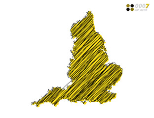 Vector silhouette chaotic hand drawn scribble yellow and black sketch of England map on white background.