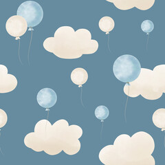 Seamless Watercolor Pattern with air Balloons and beige cute Clo © Alisles