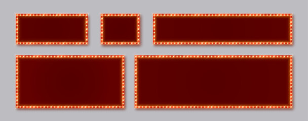Marquee frames with red border, retro casino sign boards with burgundy background. Vintage circus banners with yellow light bulbs. Vector illustration.