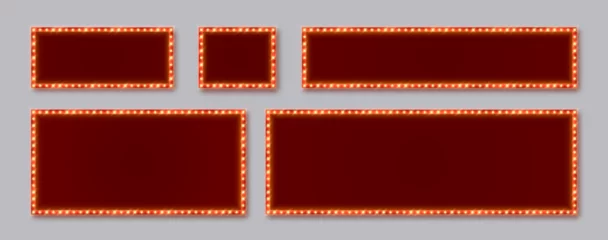 Plexiglas keuken achterwand Retro compositie Marquee frames with red border, retro casino sign boards with burgundy background. Vintage circus banners with yellow light bulbs. Vector illustration.