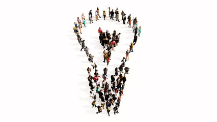 Concept or conceptual large community of people forming  a  lightbulb image on white background. A 3d illustration metaphor for inspiration, brainstorming, invention, energy-saving, power, electricity