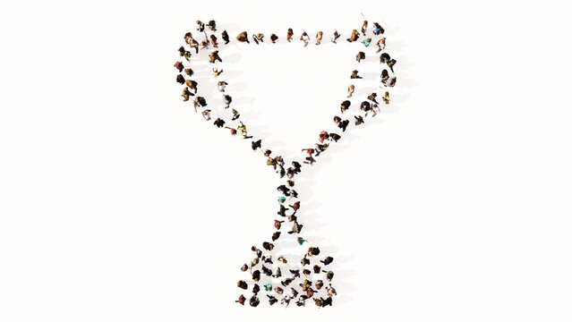Concept or conceptual large gathering of people forming the image of a cup on white background. A 3d illustration metaphor for victory, winning, success, achievement, triumph, champion, gold and prize