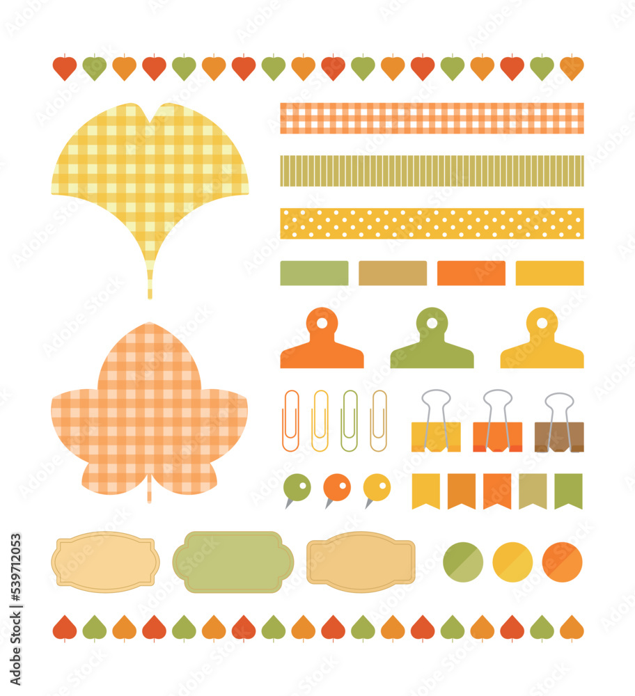Poster set of colorful deco icons for autumn concept design. various objects such as notes, labels, indexes