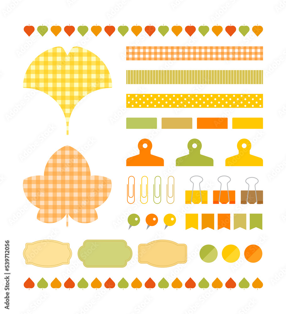 Poster set of colorful deco icons for autumn concept design. various objects such as notes, labels, indexes
