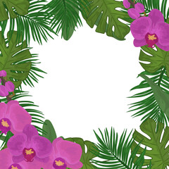 Card template with pink orchid flowers and tropical leaves jungle. Exotic border frame on white background.