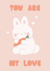 Kawaii rabbit with carrote. Cute bunny character on beige background. You are my love concept. Valentines day card. Flat design. Stock vector illustration.
