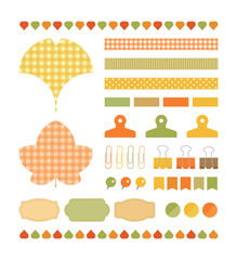 Set of colorful deco icons for autumn concept design. Various objects such as notes, labels, indexes, tongs, clips, thumbtacks and pins.