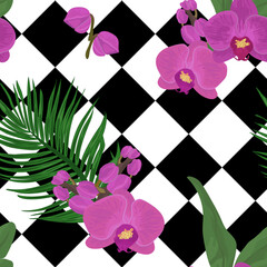 Seamless pattern with pink orchid flowers and palm leaves on geometric background. Vector tropical jungle texture.