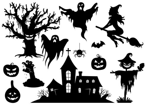 Beautiful and big collection, set of halloween spooky silhouettes vector illustration