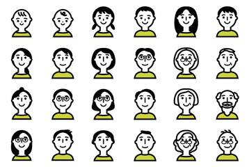 いろんな世代の人物の顔アイコンセット_黒と黄色