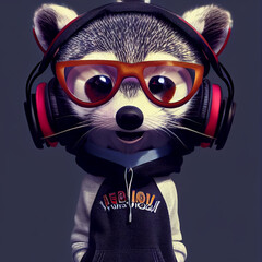 Cute raccoon wearing hoodie listens to music in headphones, on dark background