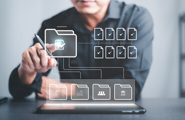 Businessman showing validation icon, document and file quality check approval process concept, and validation mark, check mark symbol indicates acceptance as an international standard.