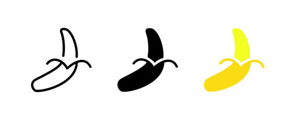 Black and yellow banana icon. Sweet fruit. Outline symbol. Vector sign.