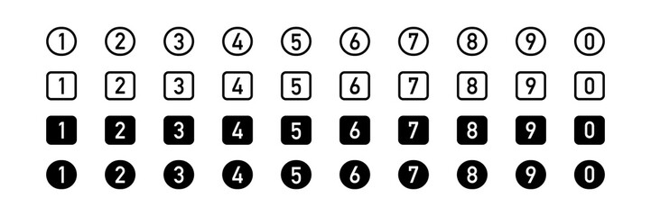 Numbers icon. Number in square and circle. Outline symbol. Black color. Vector sign.