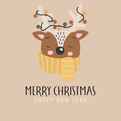 Baby animal deer, winter animal, cute animal cartoon vector, thickly clothed animal, adorable baby deer