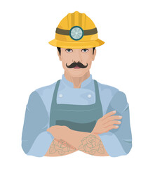 arms folded man hat illustration transparent background yellow miner hat