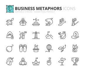 Simple set of outline icons about business and finances metaphors and idioms.
