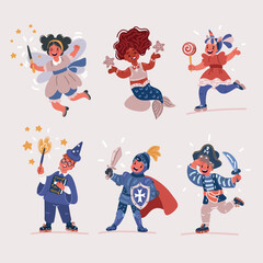 Fototapeta na wymiar Vector illustration of Joyful little kids Celebrating brightful carnival, party. Girls, fairy, mermaid, unicorn. Boys, pirate, wizard, khight
