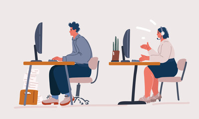 Vector illustration of working people. Man and woman sitting at the office table with group of colleagues