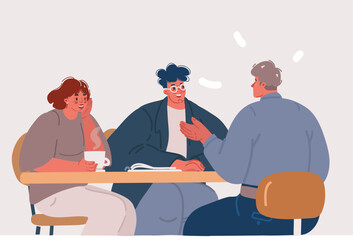 Vector illustration of man and woman sitting at table and talk with consultant.