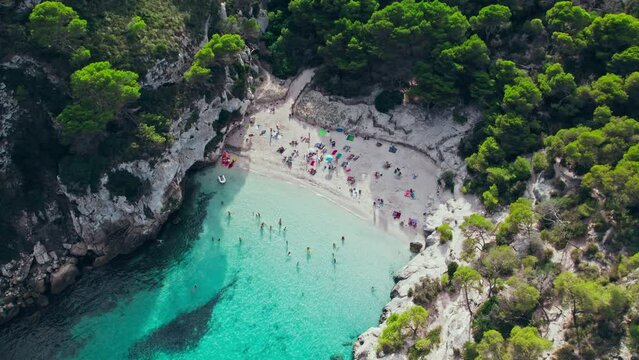 Aerial drone view of people having a good time by the beach with turquoise water. Tourists enjoy Cala Macarelleta and Macarella on the Balearic Islands, Spain, swimming and sailing yachts and boats.