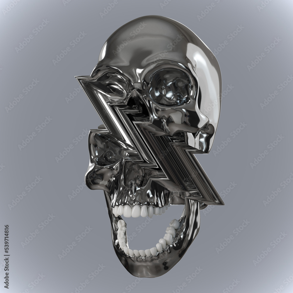Poster abstract illustration from 3d rendering of glitch pixel stretch deformed skull in shiny chrome refle