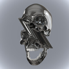 Abstract illustration from 3D rendering of glitch pixel stretch deformed skull in shiny chrome reflecting metal isolated on light grey background.