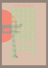 Hiragana and Katakana Japanese basic characters handwritten table. 