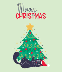 Christmas card, banner or poster template with christmas tree and cute black cat lying under it and playing with merry christmas lettering