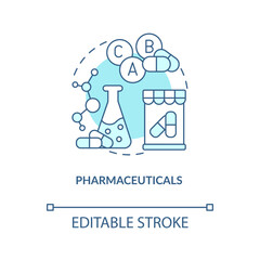 Pharmaceutical industry turquoise concept icon. Manufacturing drugs abstract idea thin line illustration. Isolated outline drawing. Editable stroke. Arial, Myriad Pro-Bold fonts used