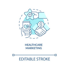 Healthcare industry strategy turquoise concept icon. Promoting medical services abstract idea thin line illustration. Isolated outline drawing. Editable stroke. Arial, Myriad Pro-Bold fonts used