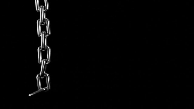 Steel chain swaying in slow motion on a black background 3D rendering.