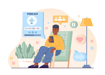Audio podcast concept. Man sits in chair with smartphone in hands. Gadgets and devices, modern technologies and digital world. Guy listens to interesting content. Cartoon flat vector illustration