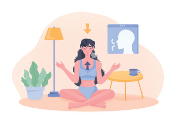 Breathing exercise concept. Woman sits in lotus position and concentrates on inhaling and exhaling. Meditation and mental health care. Concentration and attention. Cartoon flat vector illustration