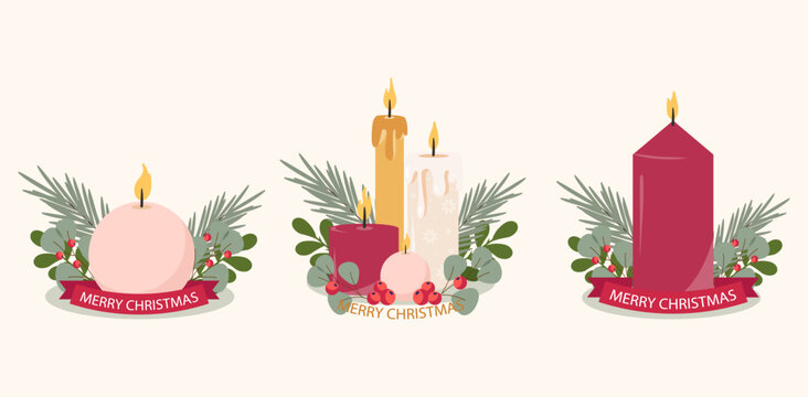 Christmas set of decorations with candles. Candles Merry Christmas. Vector graphics