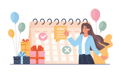 Businesswoman planning concept. Young girl stands next to calendar. Goal setting and motivation, time management. Scheduling and planning. Poster or banner. Cartoon isometric vector illustration