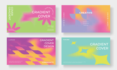 Abstract colorful gradient cover template. Set of modern poster with vibrant graphic color, star, flowers, geometric shapes. Gradient background for brochure, flyer, wallpaper, banner, business card.
