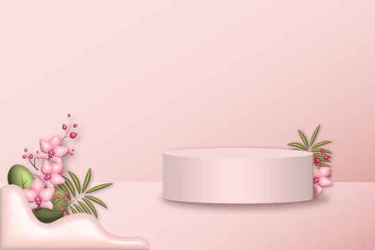 3D background, podium with arches, tropical leaves, peach, pink shades