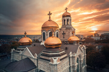 Aerial view of The Cathedral of the Assumption and city centre Varna, Bulgaria