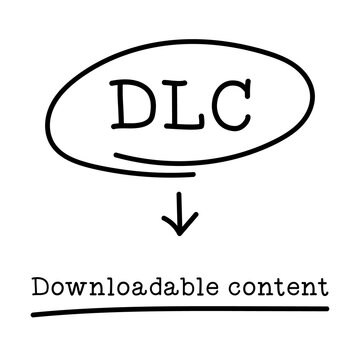 Letter of abbreviation DLC in circle and word downloadable content on white background