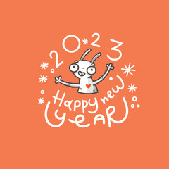 New Year card with hare. Chinese calendar symbol. Vector holiday poster. Funny animal. Cheerful rabbiti. Funny hare print. Anthropomorphic character for desing.