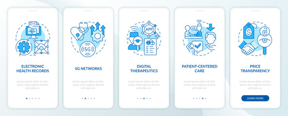 Fototapeta na wymiar Medical sector trends blue onboarding mobile app screen. Walkthrough 5 steps editable graphic instructions with linear concepts. UI, UX, GUI template. Myriad Pro-Bold, Regular fonts used
